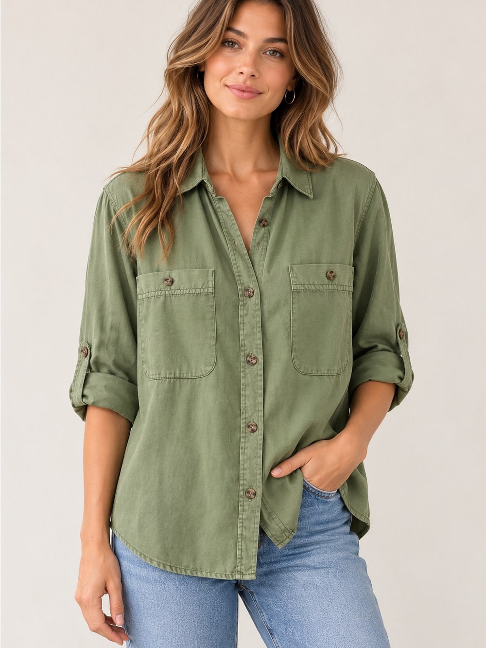 NWT Sanctuary Tencel Boyfriend Shirt Womens L Green Utility Button Down Casual